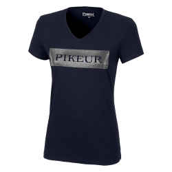 Vorderseite T-Shirt in der Farbe nightsky/dunkelblau mit V-Ausschnitt und Metallic-Logo im Brustbereich, Hintergrund weiß.