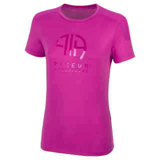 Vorderseite Damen Rundhals T-Shirt in pink, ton-in-ton Silikon-Print im Brustbereich, Hintergrund weiß.
