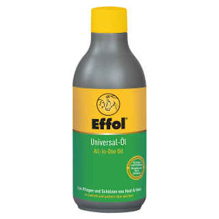 Vorderseite Effol Universal Öl Produktflasche 250 ml mit Produkthinweisen, Hintergrund weiß.