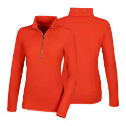 Vorder- und Rückseite des Pikeur Shirt Polartec Sports HW 2023 in der Kollektionsfarbe burnt orange mit halben Reißverschluss und Pikeur Labeling mit Steinchen am Kragen, Hintergrund weiß.
