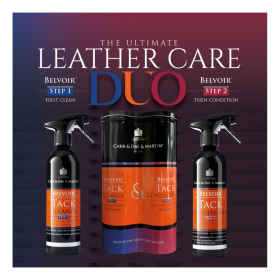 Produktflyer mit der Carr & Day & Martin Lederpflege Duo Box mit den zwei Sprayflaschen und Produktangabem.
