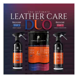 Produktflyer mit der Carr & Day & Martin Lederpflege Duo Box mit den zwei Sprayflaschen und Produktangabem.