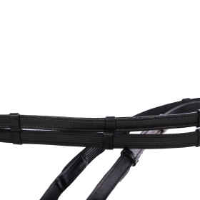 Nahaufnahme der Eques Lederzügel mit Grip und Stegen in der Farbe schwarz/black mit Blick auf den Grip der Zügel, Hintergrund weiß.