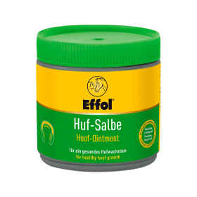 Vorderseite Produktdose grüne Produktdose Effol Hufsalbe 500 ml mit Produkthinweisen, Hintergrund weiß.