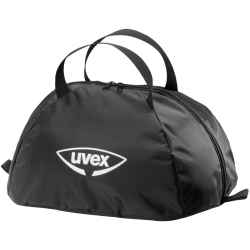 Uvex Helmtasche schwarz-weiß mit zwei Tragegriffen und Zwei-Wege-Reißverschluss in der Grundfarbe schwarz, mittiges uvex Logo in weiß, Hintergrund weiß.