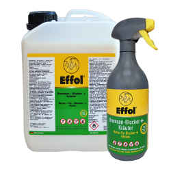 Vorderseite Produkt-Kanister Effol Bremsenblocker Kräuter 2,5 Liter und Sprayflasche 750 ml mit Produkthinweisen, Hintergrund weiß.