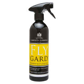 Vorderseite schwarze Aluminium Sprühflasche Flyguard Insektenschutzspray 500 ml mit gelbem Label, Produktangaben und schwarzen Sprühkopf, Hintergrund weiß.