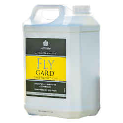 Vorderseite Flyguard Insektenschutz Nachfüll-Kanister 5 Liter in weiß mit gelbem Label, Tragegriff, Schraubverschluss und Produktangaben, Hintergrund weiß.