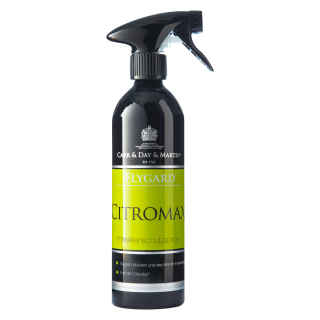 Vorderseite schwarze Aluminium Sprühflasche Citromax Insektenschutzspray 500 ml mit grünem Label, Produktangaben und schwarzen Sprühkopf, Hintergrund weiß.