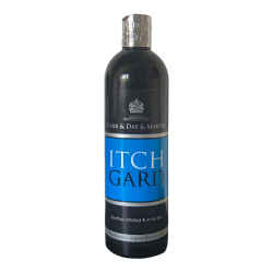 Vorderseite schwarze Aluminium Flasche Itchguard Pflegelotion 500 ml mit blauem Label, Produktangaben und Dossier-Verschluss, Hintergrund weiß.