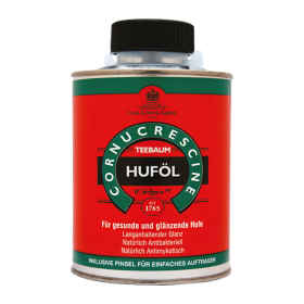 Vorderseite Aluminum Produktdose Cornucrescine Teebaumöl Huföl 500 ml mit schwarzen Schraubverschluss, Produktangaben und Label in rot-grün, Hintergrund weiß.