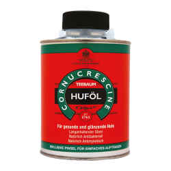Vorderseite Aluminum Produktdose Cornucrescine Teebaumöl Huföl 500 ml mit schwarzen Schraubverschluss, Produktangaben und Label in rot-grün, Hintergrund weiß.