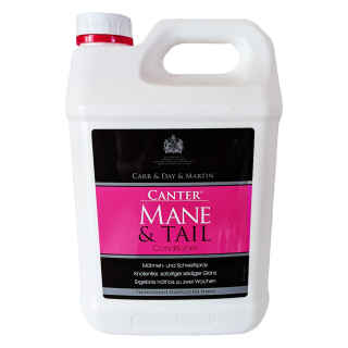 Vorderseite weißer Canter Mane & Tail Nachfüll-Kanister 5 Liter mit Tragegriff, Schraubverschluss und Produktangaben, Label in pink-schwarz, Hintergrund weiß.