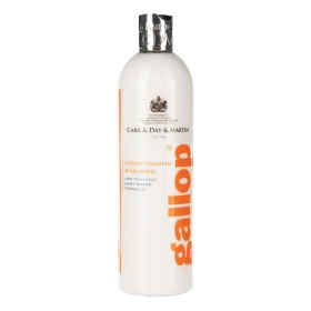 Vorderseite der weißen Produktflasche Gallop Pflege Shampoo 500 ml mit Aufschrift in orange, Produktangaben und Dossier-Verschluss in silber.