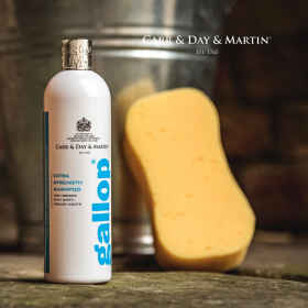 Image Bild: weiße Gallop Pflege Shampoo Extra Stark Produktflasche 500 ml mit blaufarbener Aufschrift steht auf dem Stallboden vor einem Blecheimer mit Schwamm.