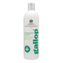Vorderseite der weißen Produktflasche Gallop Medizinisches Shampoo 500 ml mit Aufschrift in grün, Produktangaben und Dossier-Verschluss in silber.