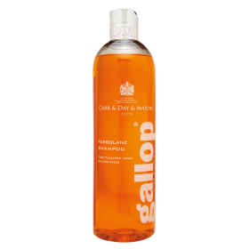 Vorderseite der Produktflasche Gallop Colour Fuchs und Palomino Shampoo 500 ml in der Farbe orange mit Aufschrift in weiß, Produktangaben und Dossier-Verschluss in silber, Hintergrund weiß.