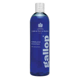 Vorderseite der Produktflasche Gallop Colour Schimmel Shampoo 500 ml in der Farbe blau mit Aufschrift in weiß, Produktangaben und Dossier-Verschluss in silber, Hintergrund weiß.