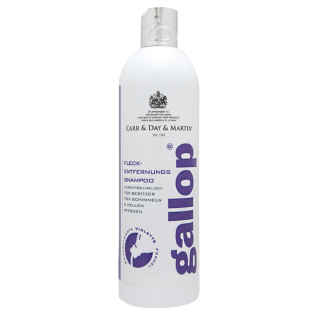 Vorderseite der weißen Produktflasche Gallop Fleckentfernungs Shampoo 500 ml mit Aufschrift in lila, Produktangaben und Dossier-Verschluss in silber.