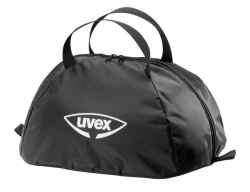 Uvex Helmtasche schwarz-weiß mit zwei Tragegriffen und Zwei-Wege-Reißverschluss in der Grundfarbe schwarz, mittiges uvex Logo in weiß, Hintergrund weiß.